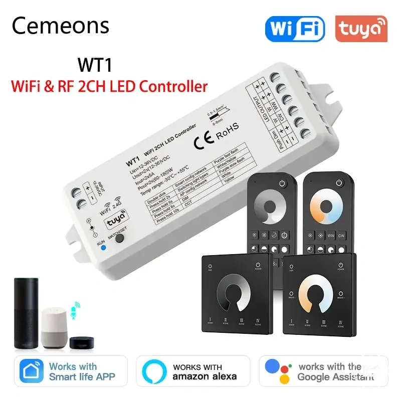 متحكم تعتيم LED Tuya WiFi لإعدادات شرائط LED CCT بجهد 12V و24V و36V