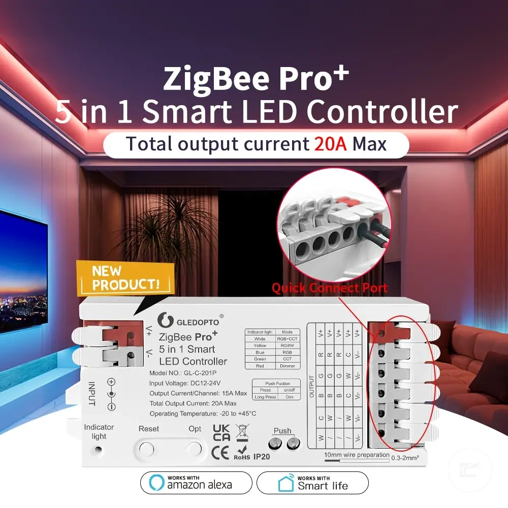 وحدة تحكم ZigBee لشرائط LED بتنسيقات RGB وRGBW وCCT والتعتيم