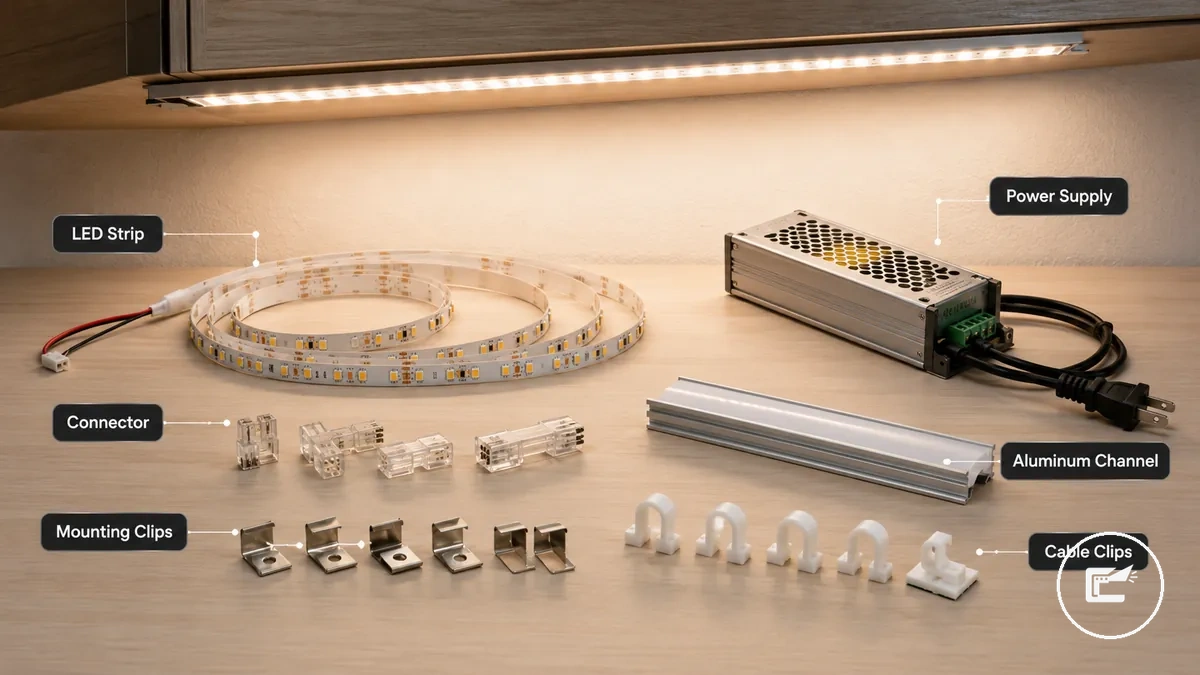 مكونات تركيب شريط LED للتثبيت أسفل الخزائن
