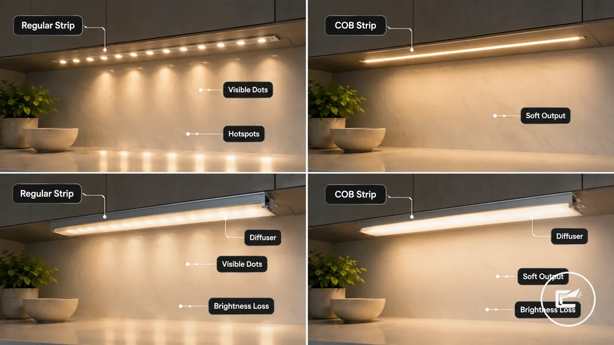 إضاءة شريط LED للخزائن تقارن بين النقاط المرئية ومخرجات شريط COB ونعومة قناة النشر