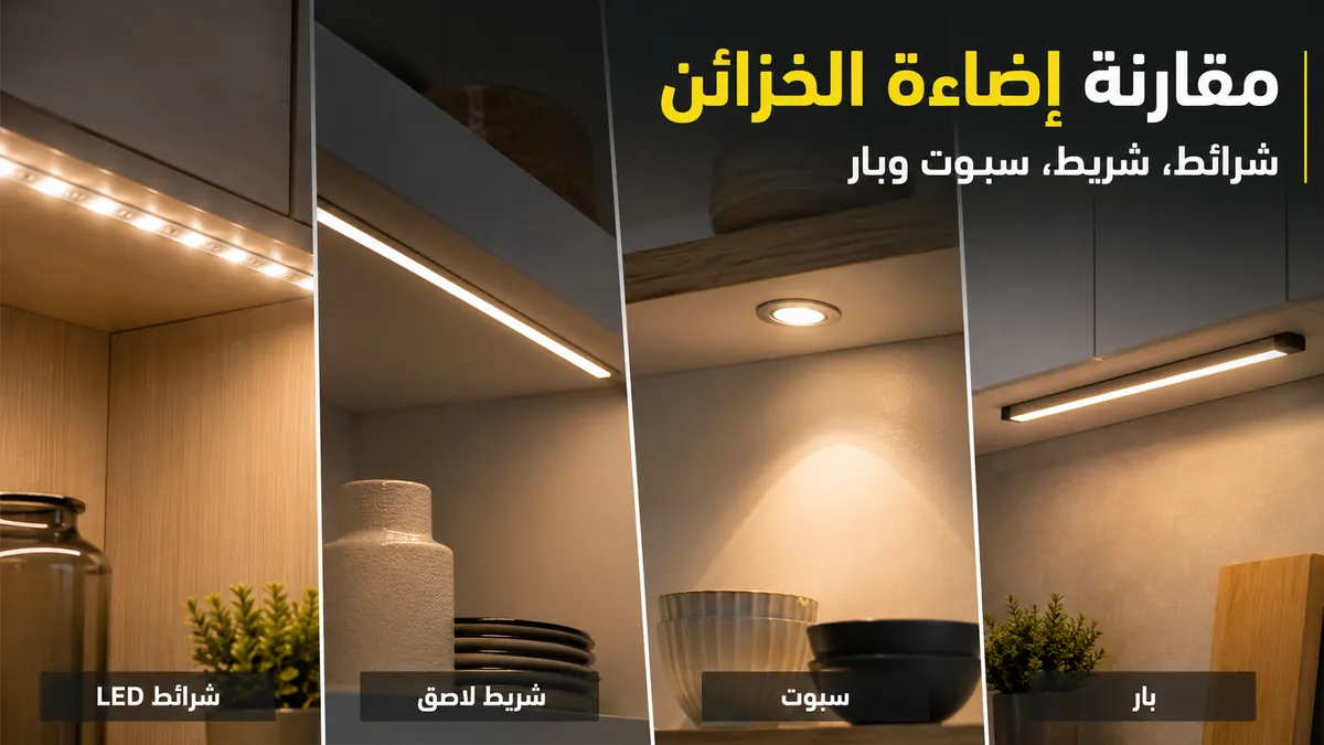 مقارنة بين خيارات شرائط LED والشريط اللاصق والسبوت والبار لإضاءة خزائن المنزل