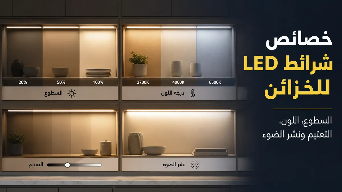 إضاءة خزائن بشرائط LED تعرض مستويات سطوع ودرجات لون وخيارات تعتيم وضوء منتشر