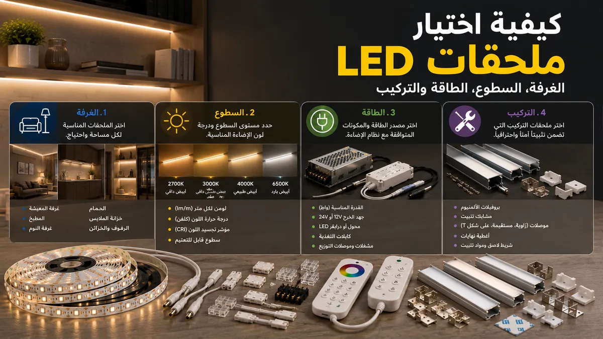 ملحقات شرائط LED وإضاءة الخزائن المنزلية مختارة حسب نوع الغرفة والسطوع والطاقة واحتياجات التركيب