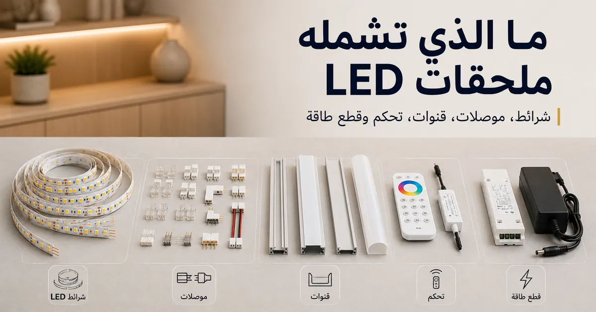 ملحقات مختلفة لشرائط LED وإضاءة الخزائن المنزلية تشمل الشرائط والموصلات والقنوات ووحدات التحكم وقطع الطاقة