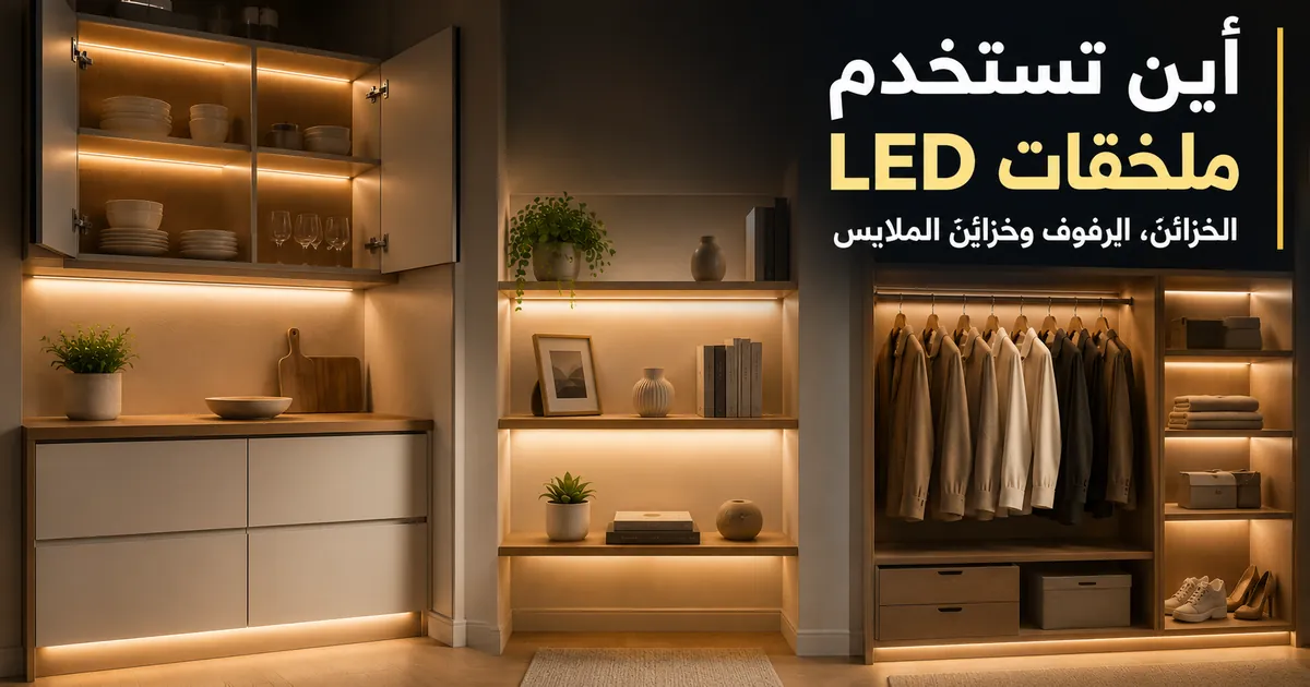 أمثلة لمواضع داخلية لملحقات شرائط LED وإضاءة الخزائن في الخزائن والرفوف وخزائن الملابس