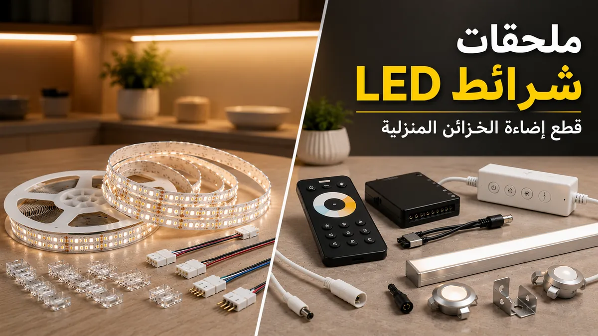 ملحقات شرائط LED وإضاءة الخزائن المنزلية مرتبة مع الشرائط والموصلات ووحدات التحكم وقطع إضاءة الخزائن