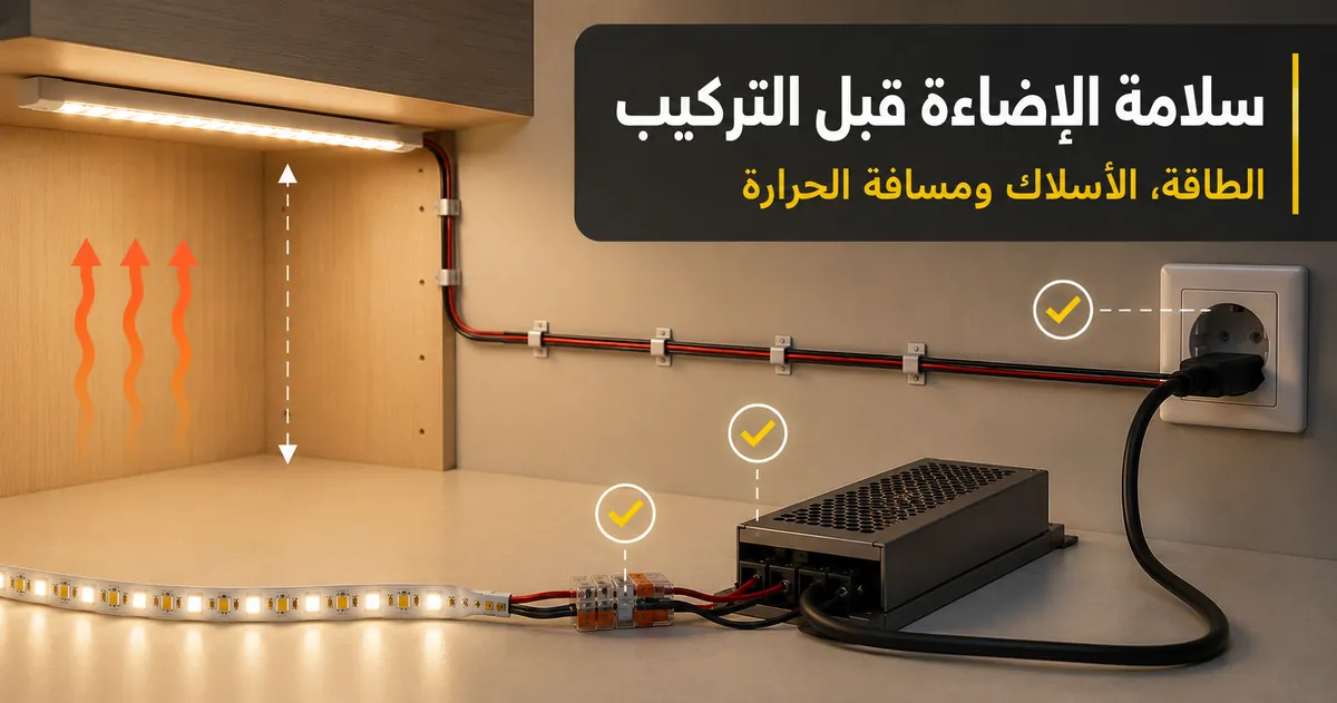 قائمة سلامة لتركيب شرائط LED وإضاءة الخزائن مع مزود الطاقة والأسلاك ومسافة تبديد الحرارة