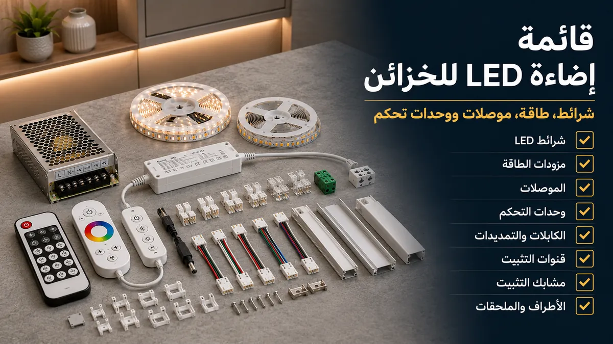 قائمة شراء لشرائط LED وإضاءة الخزائن المنزلية مع الشرائط ومزودات الطاقة والموصلات ووحدات التحكم