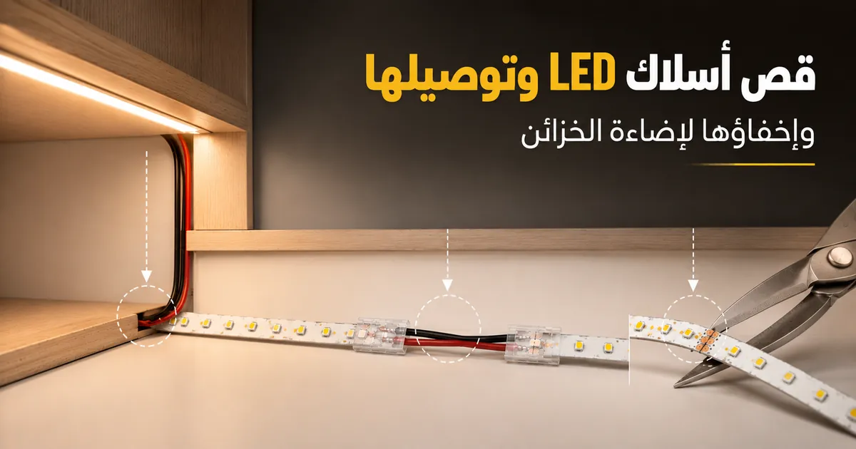 قص أسلاك شرائط LED وتوصيلها وإخفاؤها عند تركيب إضاءة الخزائن