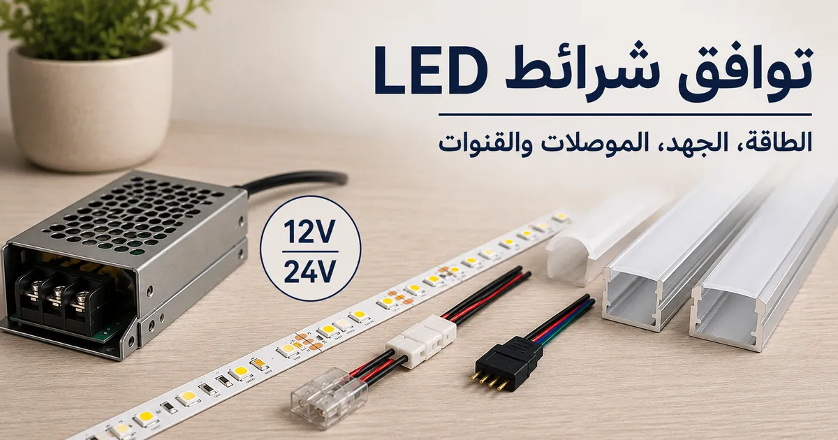 قطع توافق إضاءة شرائط LED مع مزود طاقة وملصق جهد وموصلات وقنوات ناشرة للضوء