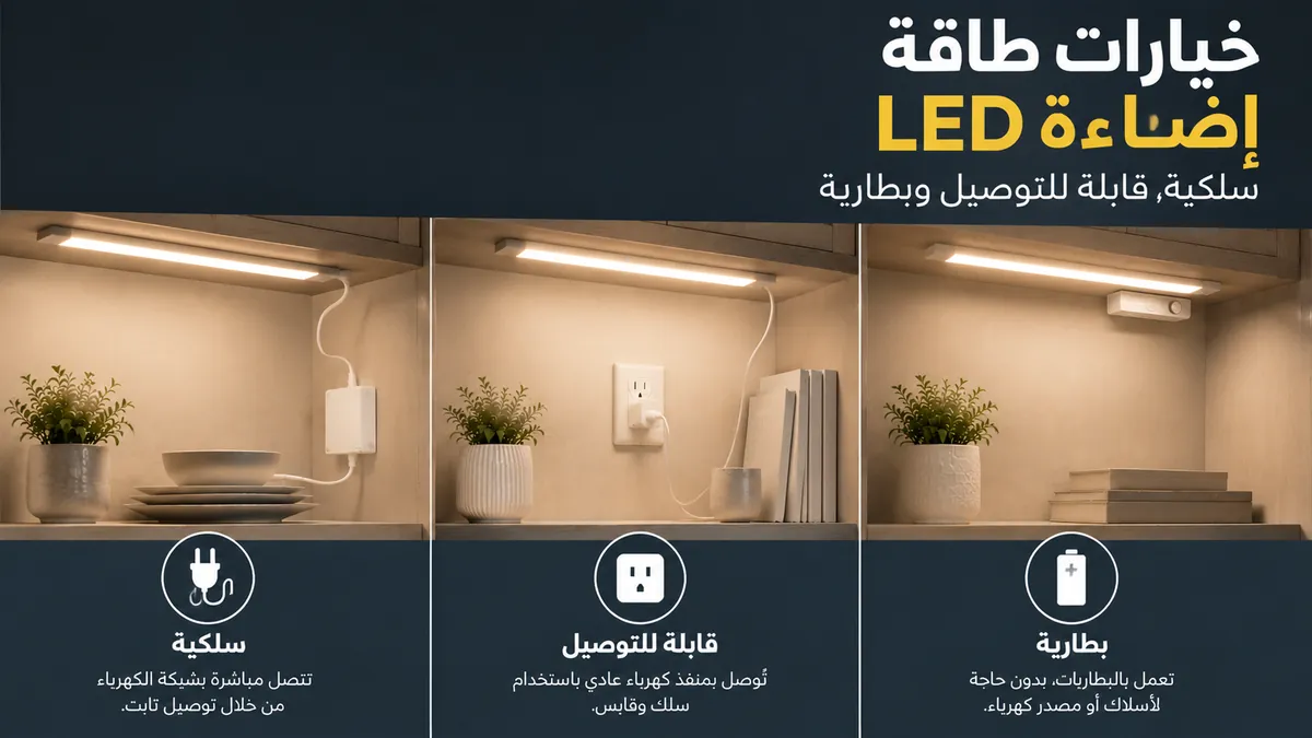 مقارنة خيارات الطاقة السلكية والقابلة للتوصيل والبطارية لإضاءة خزائن LED في المنزل