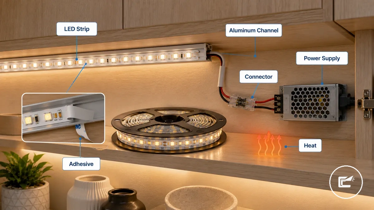Diagramm mit LED-Streifenrolle, Netzteil, Steckverbinder, Klebeband, Aluminiumkanal und Schrankbefestigungskomponenten