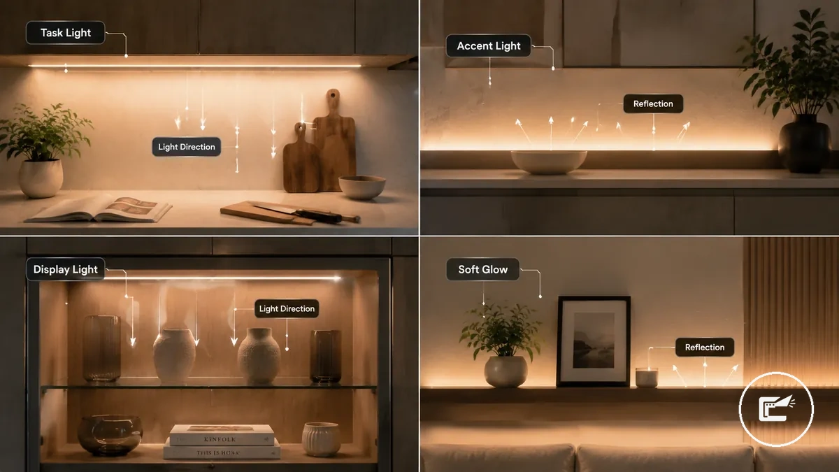 Platzierung von LED-Streifen im Innenraum mit den Beleuchtungszwecken Arbeitslicht, Akzentlicht, Ausstellungslicht und sanftem Hintergrundleuchten