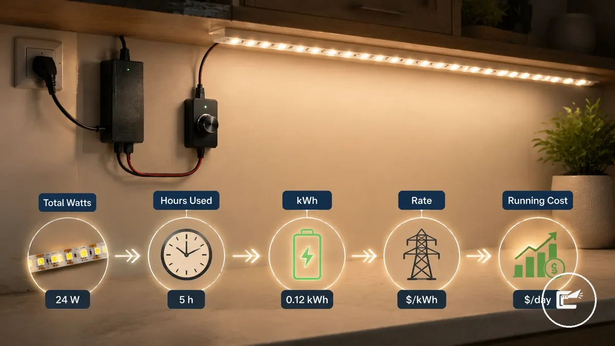 Diagramm zur Berechnung der Stromkosten für LED-Streifen mit Watt, Stunden, kWh und Strompreis