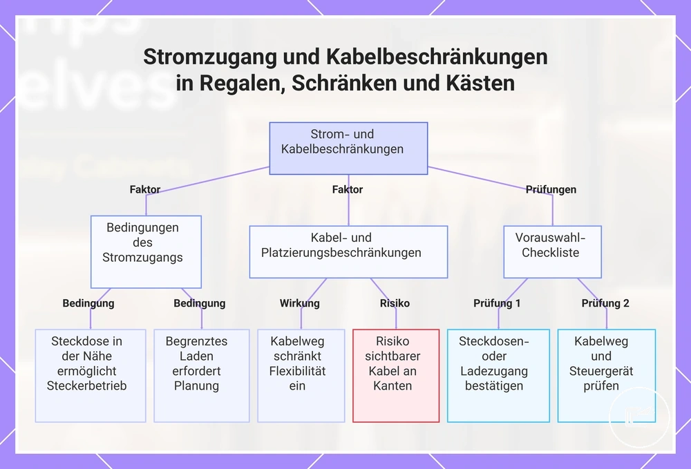 Stromzugang und Kabelbeschränkungen in Regalen, Schränken und Kästen
