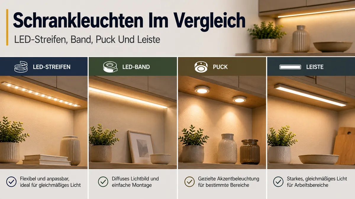 Vergleich von LED-Streifen, LED-Bändern, Puck-Leuchten und Lichtleisten für Schränke im Zuhause