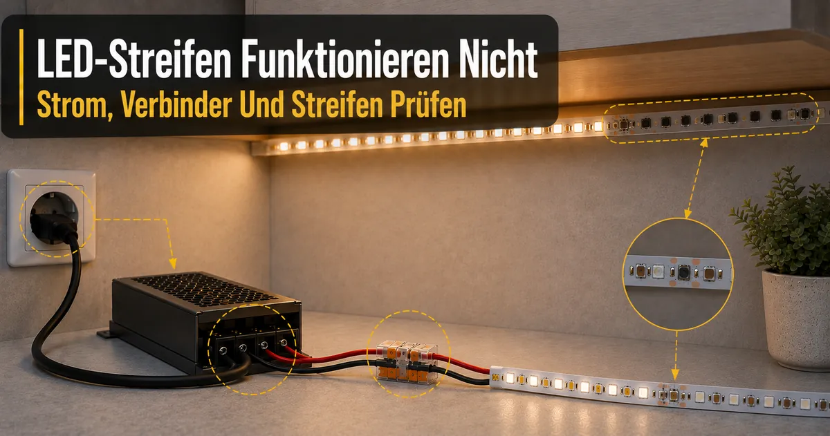 Fehlersuche bei LED-Streifen unter Schränken, die wegen Stromversorgung, Verbindern oder Streifenproblemen nicht funktionieren