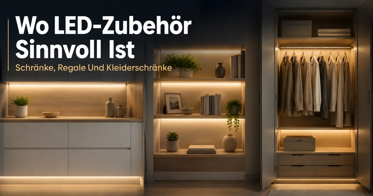 Beispiele für LED-Streifen und Schrankbeleuchtungszubehör im Innenraum an Schränken, Regalen und Kleiderschränken