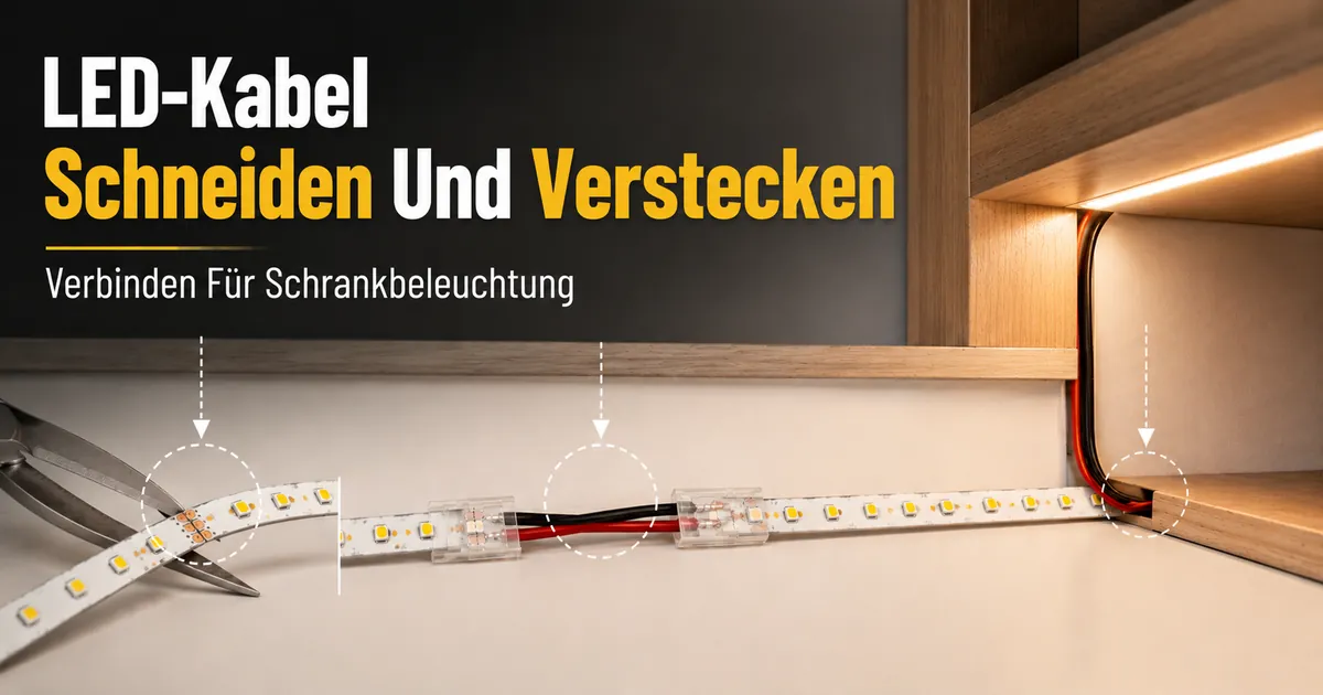 Schneiden, Verbinden und Verstecken von LED-Streifen-Kabeln bei der Montage von Schrankbeleuchtung