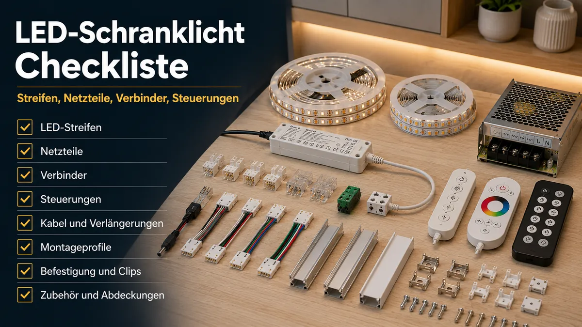 Kaufcheckliste für LED-Streifen und Schrankbeleuchtung mit Streifen, Netzteilen, Verbindern und Steuerungen