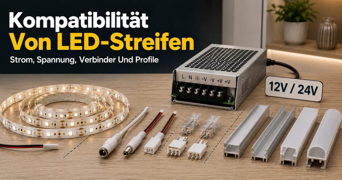 Passende Teile für LED-Streifen mit Netzteil, Spannungsangabe, Verbindern und Diffusorprofilen