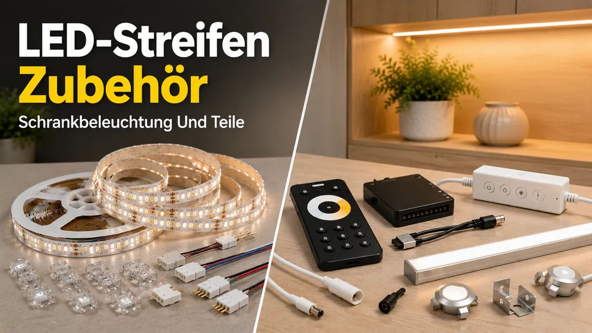 LED-Streifen und Zubehör für Schrankbeleuchtung mit Streifen, Verbindern, Steuerungen und Beleuchtungsteilen