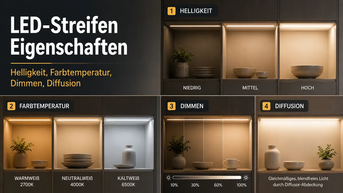 Schrankbeleuchtung mit LED-Streifen in verschiedenen Helligkeiten, Farbtemperaturen, Dimmstufen und diffusem Licht
