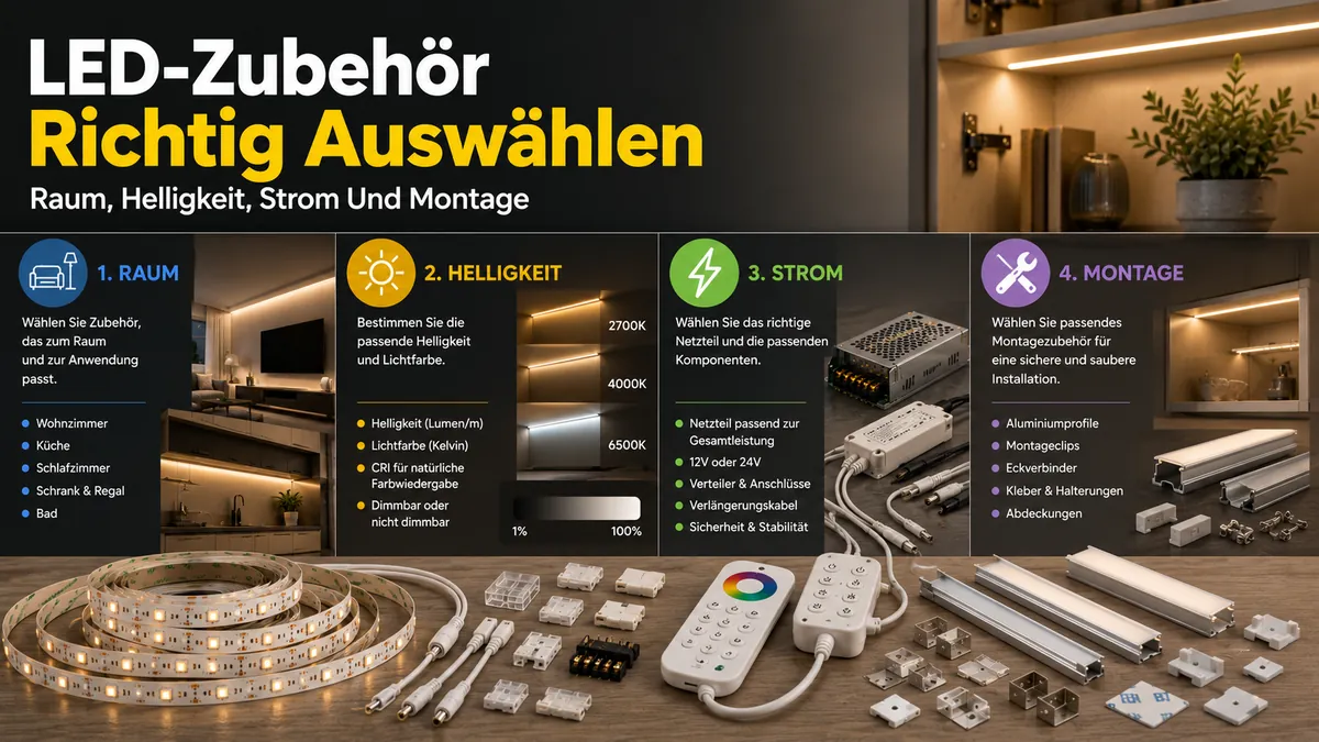 LED-Streifen und Zubehör für Schrankbeleuchtung ausgewählt nach Raum, Helligkeit, Stromversorgung und Montagebedarf