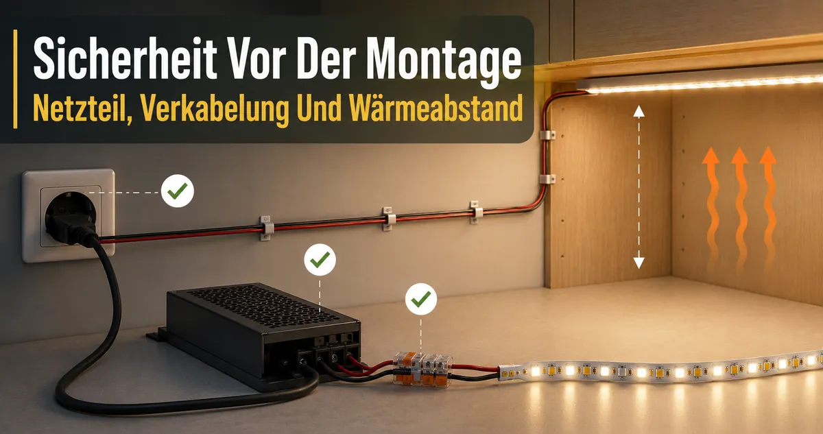 Sicherheitscheckliste für die Montage von LED-Streifen und Schrankbeleuchtung mit Netzteil, Verkabelung und Abstand für Wärme