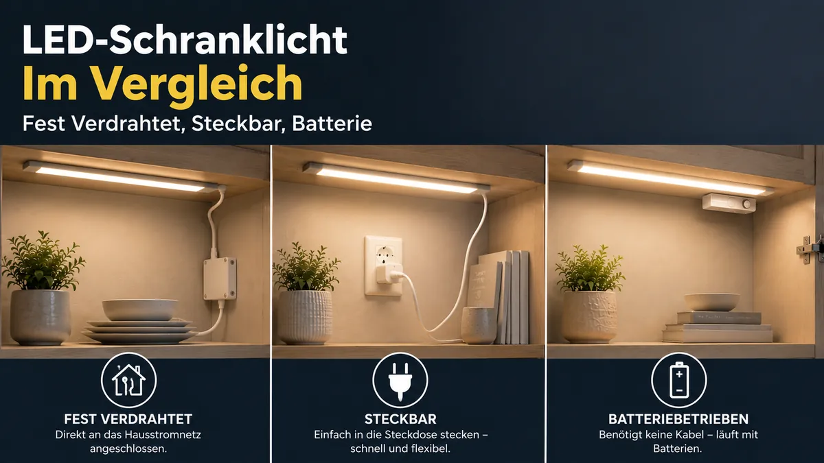 Vergleich von fest verdrahteter, steckbarer und batteriebetriebener LED-Schrankbeleuchtung für die Montage im Zuhause
