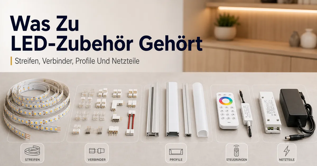 Verschiedenes Zubehör für LED-Streifen und Schrankbeleuchtung mit Streifen, Verbindern, Profilen, Steuerungen und Netzteilen