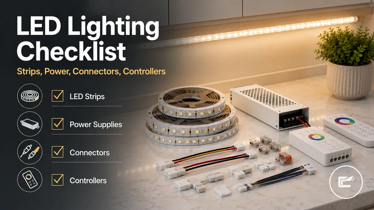 Buying checklist for home LED strip and cabinet lighting accessories with strips, power supplies, connectors, and controllers
