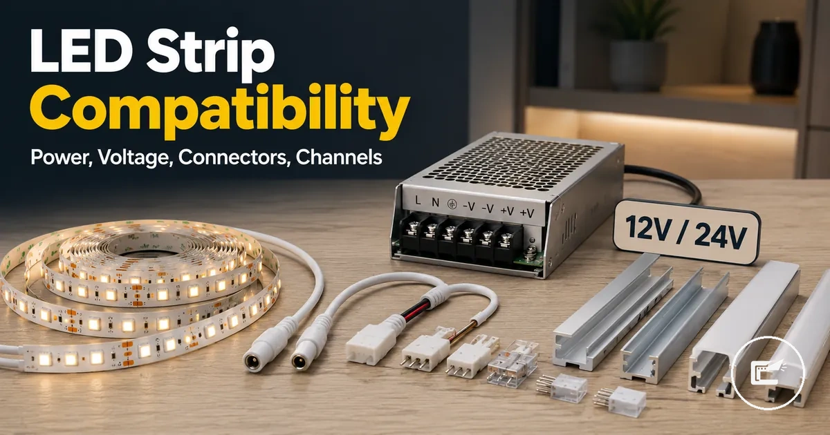 LED strip lighting compatibility parts showing power supply, voltage label, connectors, and diffuser channels