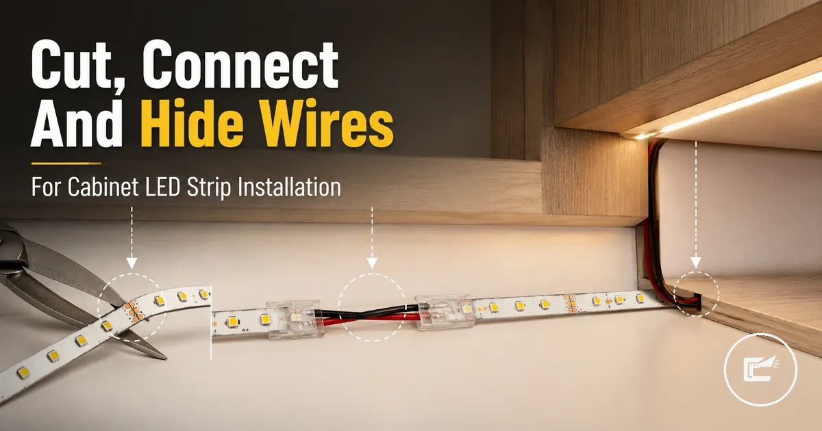 Cutting, connecting, and hiding LED strip wires for cabinet lighting installation