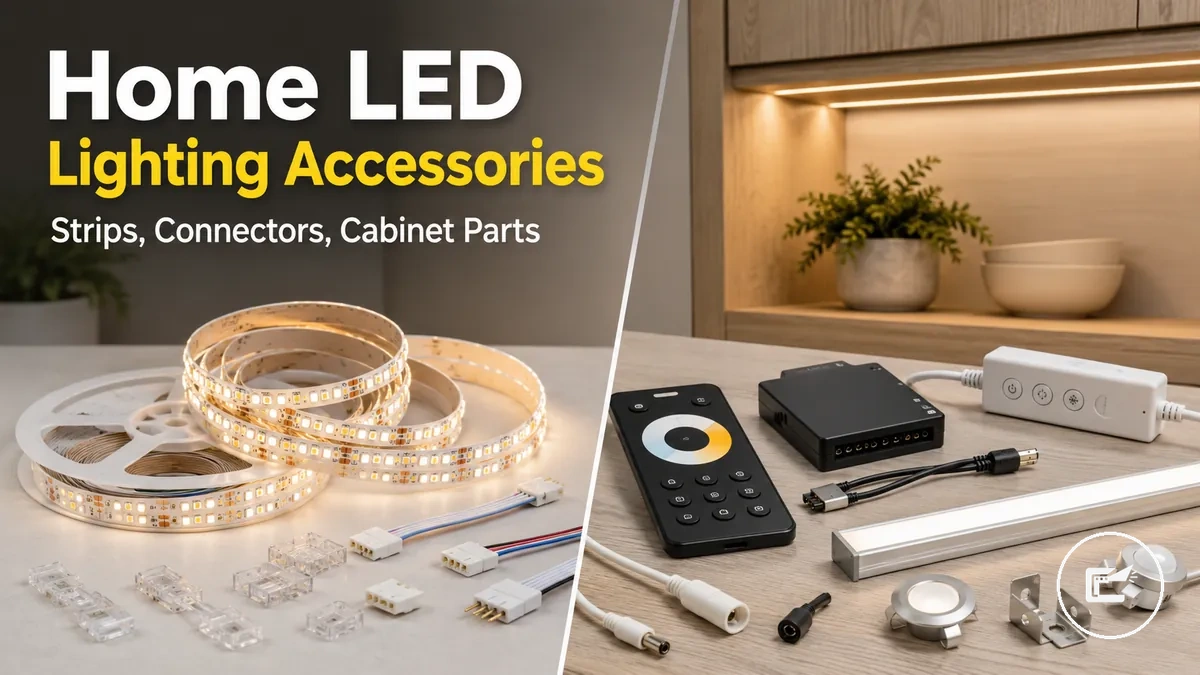 Home LED strip and cabinet lighting accessories arranged with strips, connectors, controllers, and cabinet lighting parts
