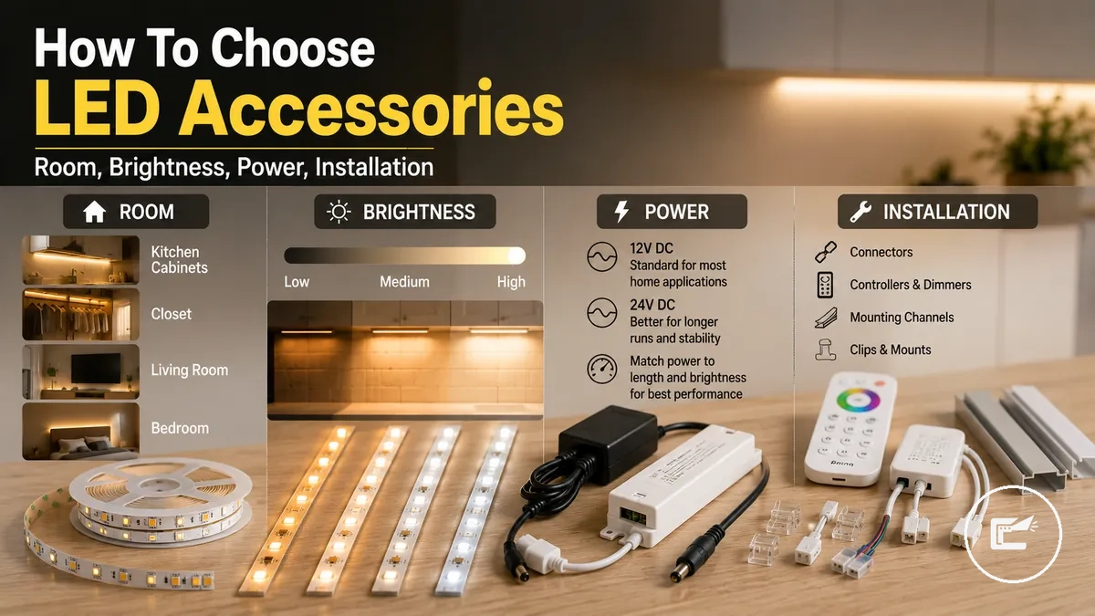 Home LED strip and cabinet lighting accessories selected by room type, brightness, power, and installation needs