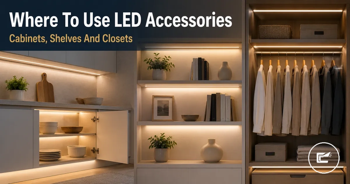 Indoor placement examples for home LED strip and cabinet lighting accessories in cabinets, shelves, and closets