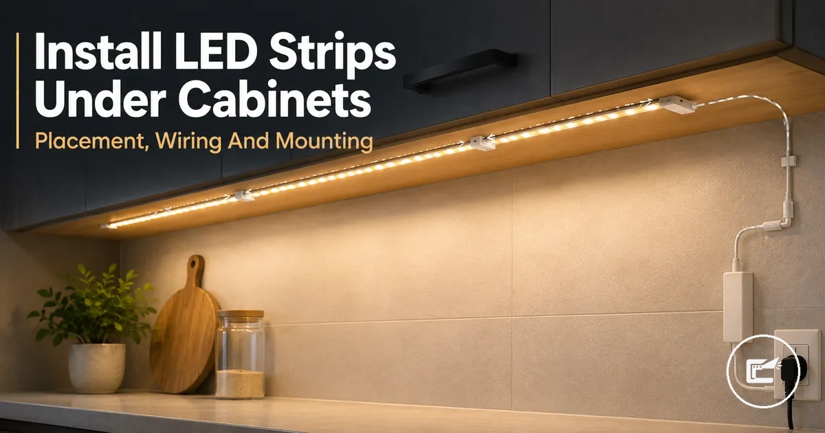 Installing LED strip lights under home cabinets with strip placement, wiring, and mounting accessories