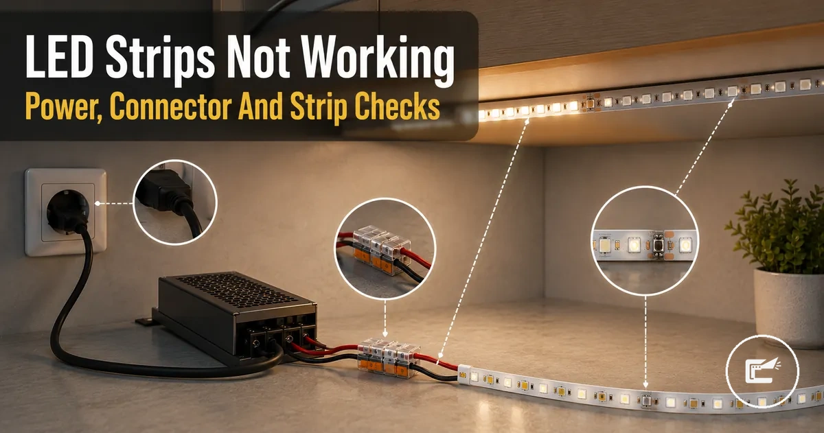 Troubleshooting under cabinet LED strip lights that are not working because of power, connector, or strip issues
