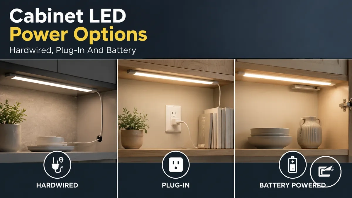 Hardwired, plug-in, and battery cabinet LED lighting power options compared for home installation