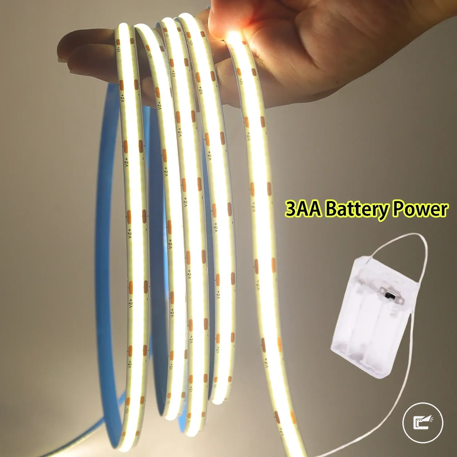 Battery powered 5V COB LED strip light for room, cabinet, and backlight use