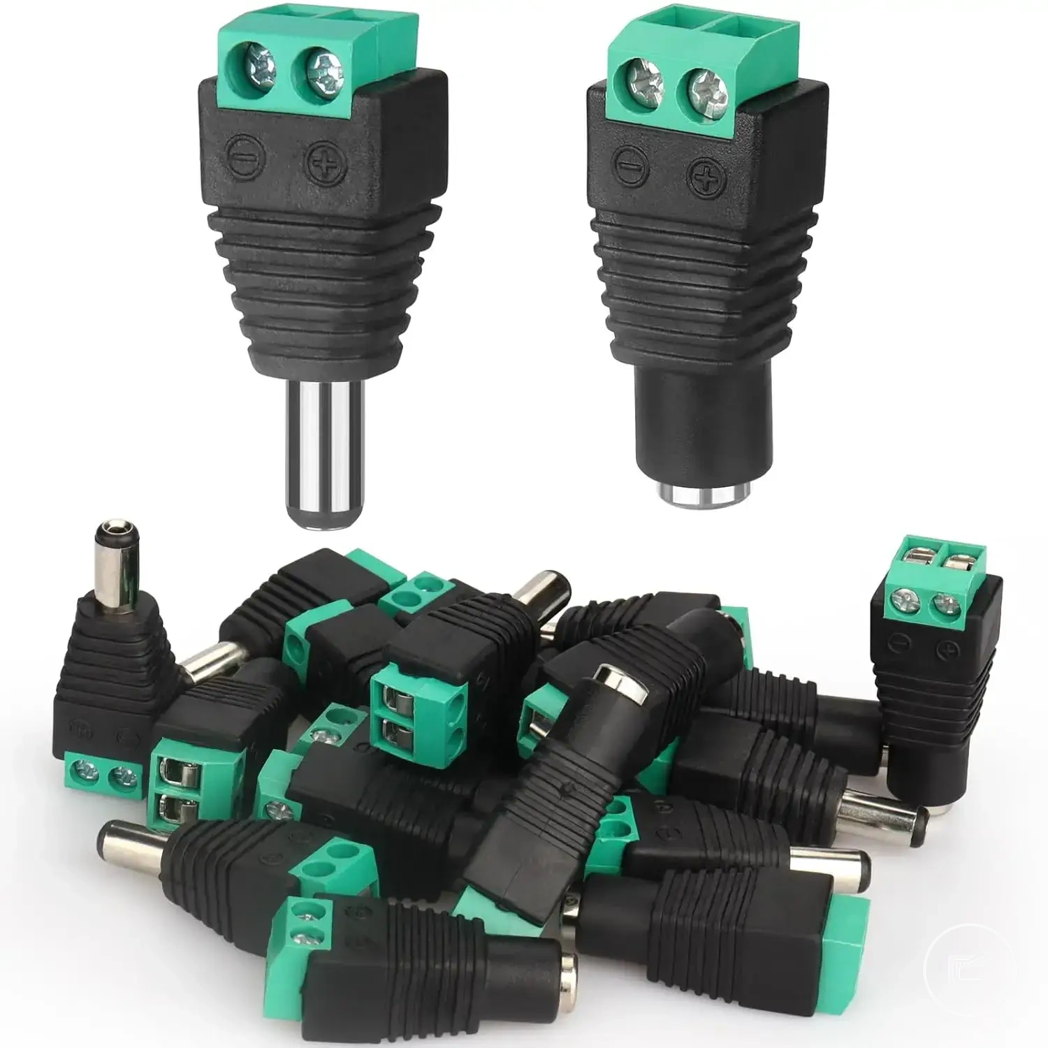 Male and female 12V DC barrel plug adapter set for LED strip power connections