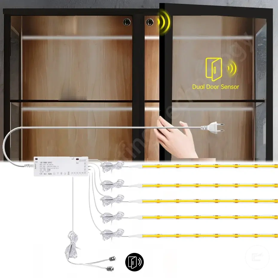 Door sensor COB LED strip kit for under cabinet, wardrobe, showcase, and bookshelf lighting