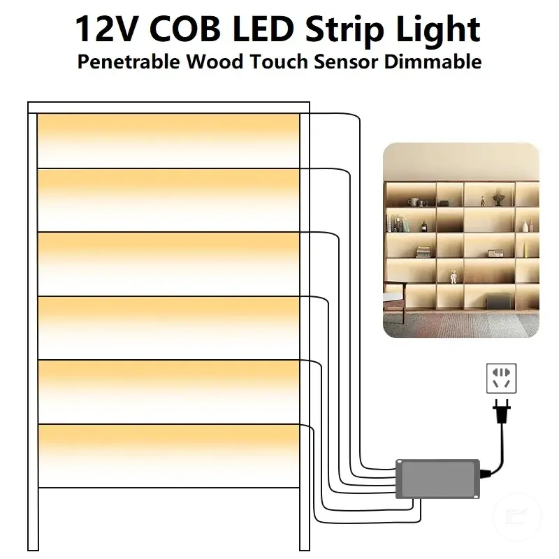 Touch dimmable COB LED strip for under cabinet, bookcase, wardrobe, and closet lighting