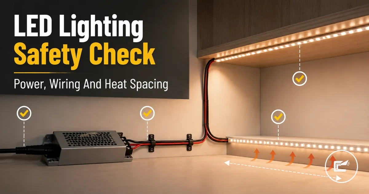 Safety checklist for LED strip and cabinet lighting installation with power supply, wiring, and heat spacing