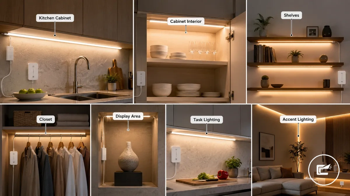 LED strip lighting use cases for kitchen cabinets, shelves, closets, and display areas with visible placement examples