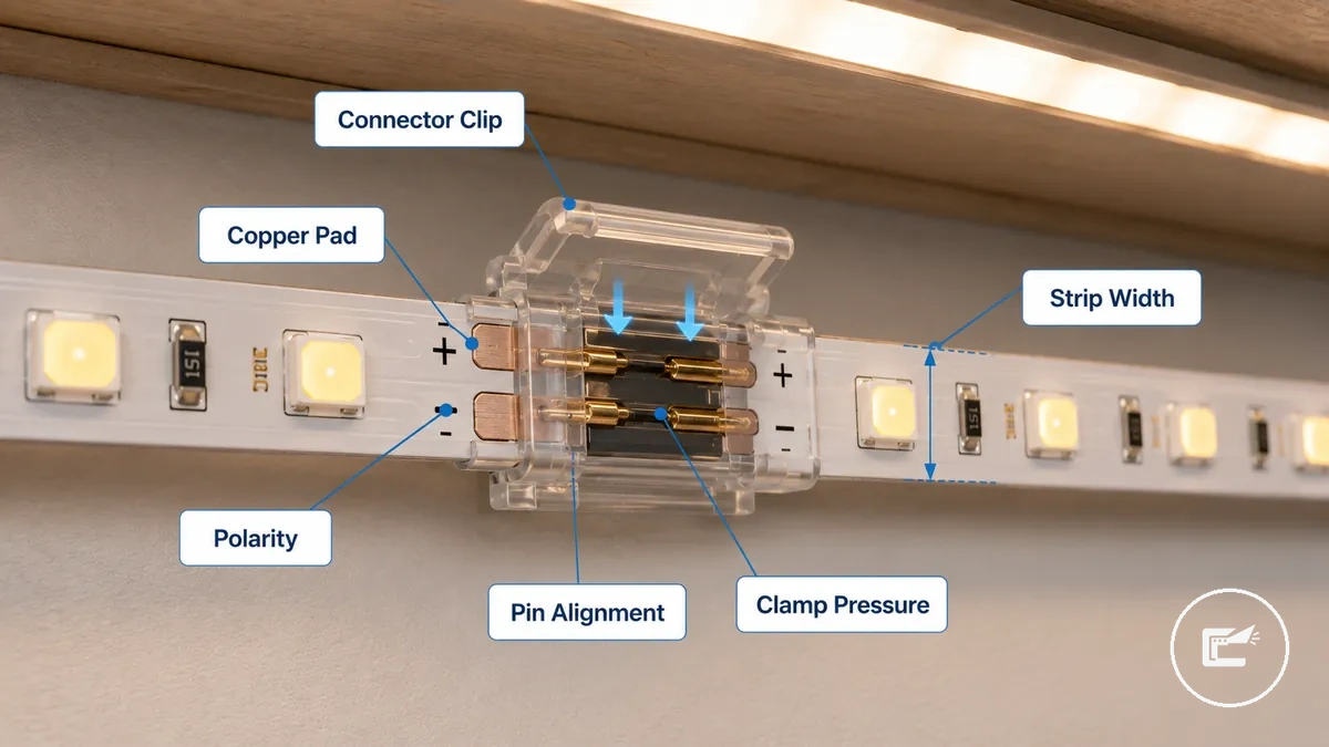 LED strip connector contact, polarity marks, copper pads, and fit alignment labeled for troubleshooting