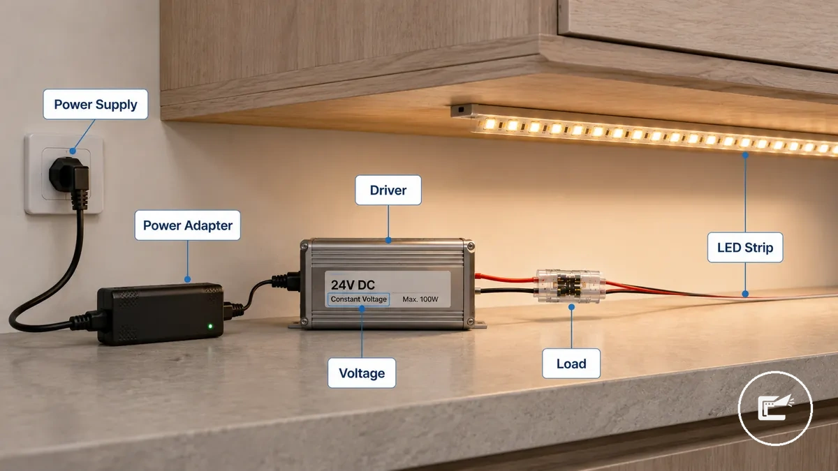 Power source, driver, voltage label, and LED strip connection under a cabinet labeled for troubleshooting