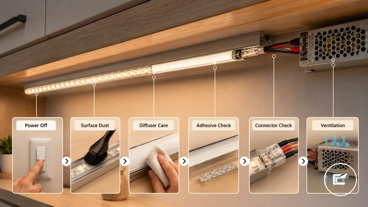 Step-by-step maintenance sequence for LED strip and cabinet lighting accessories