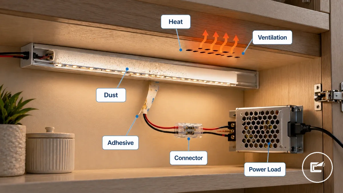 Annotated cabinet lighting setup showing heat, dust, peeling adhesive, connector stress, and power supply placement